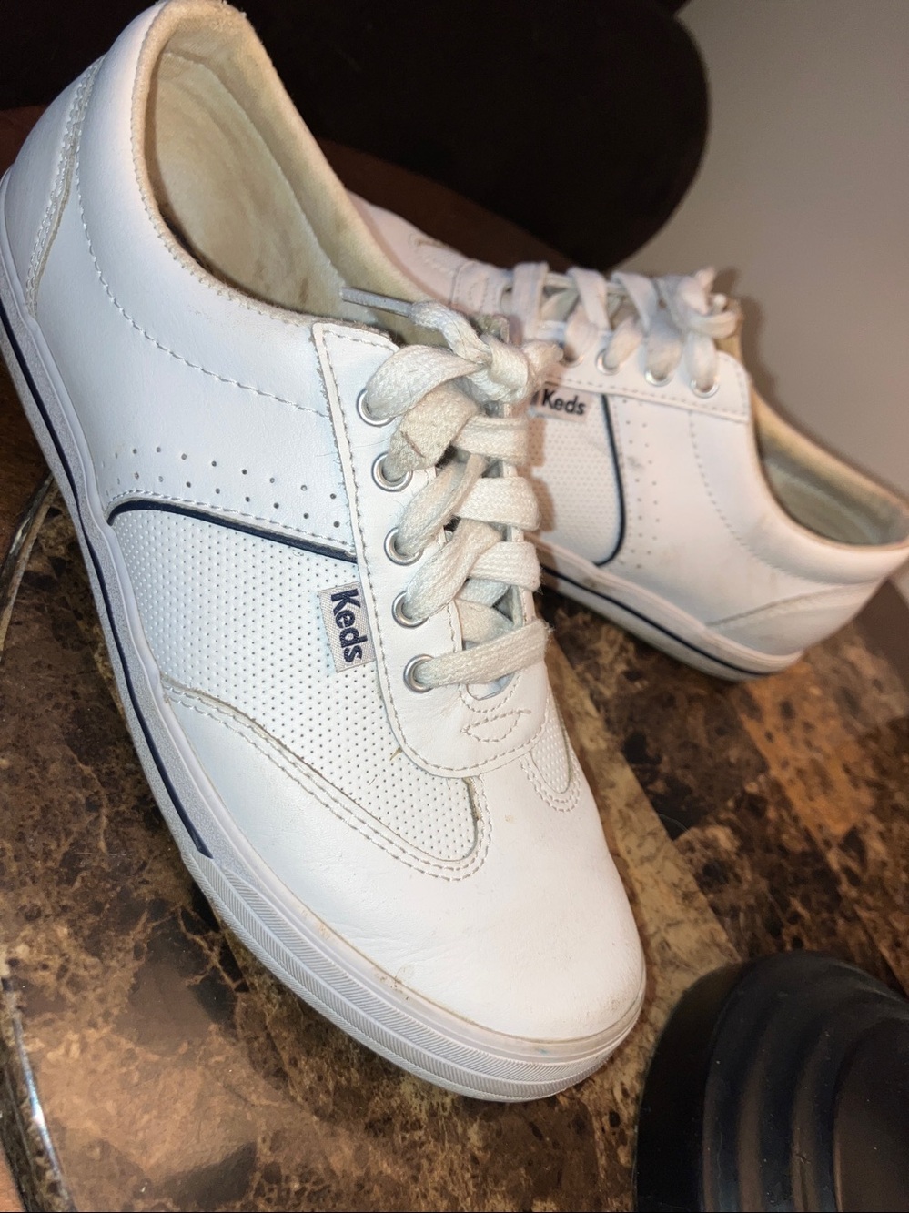 Keds White Leather Athletic Sneakers with Navy Trim